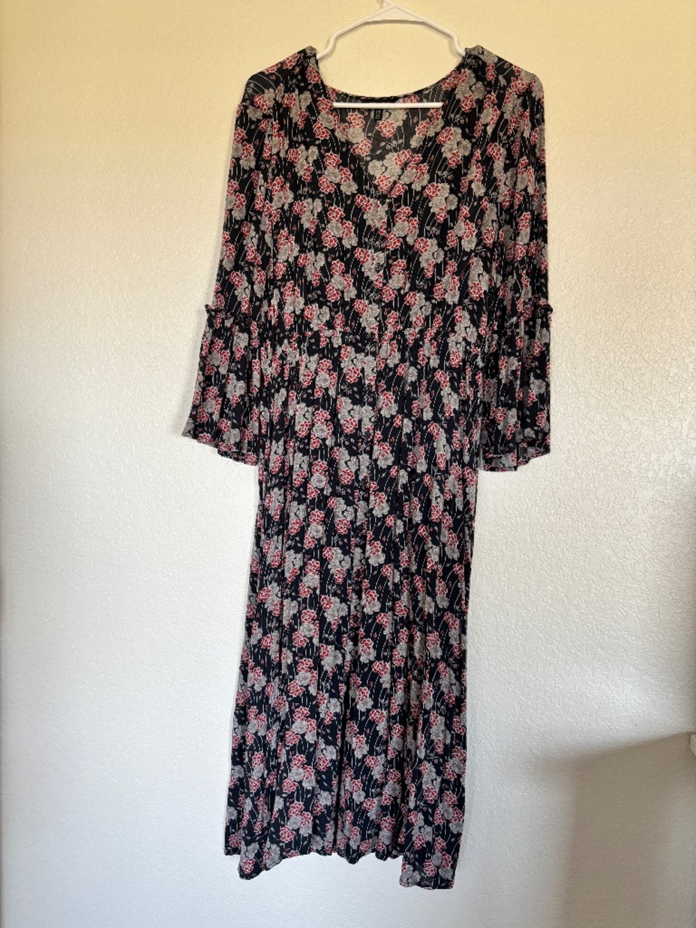 Lucky Brand Floral Button Front Midi Dress Large Boho Bell Sleeve Black Red